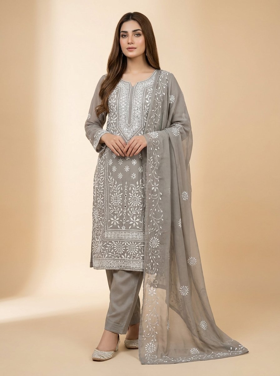 Grey Embroidered Unstitched 3 Piece Suit